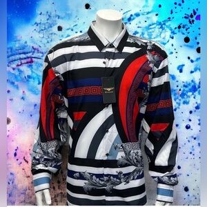 PREMIERE Designer Red Blue White Geometric Design Long Sleeve Dress Shirt 4XL